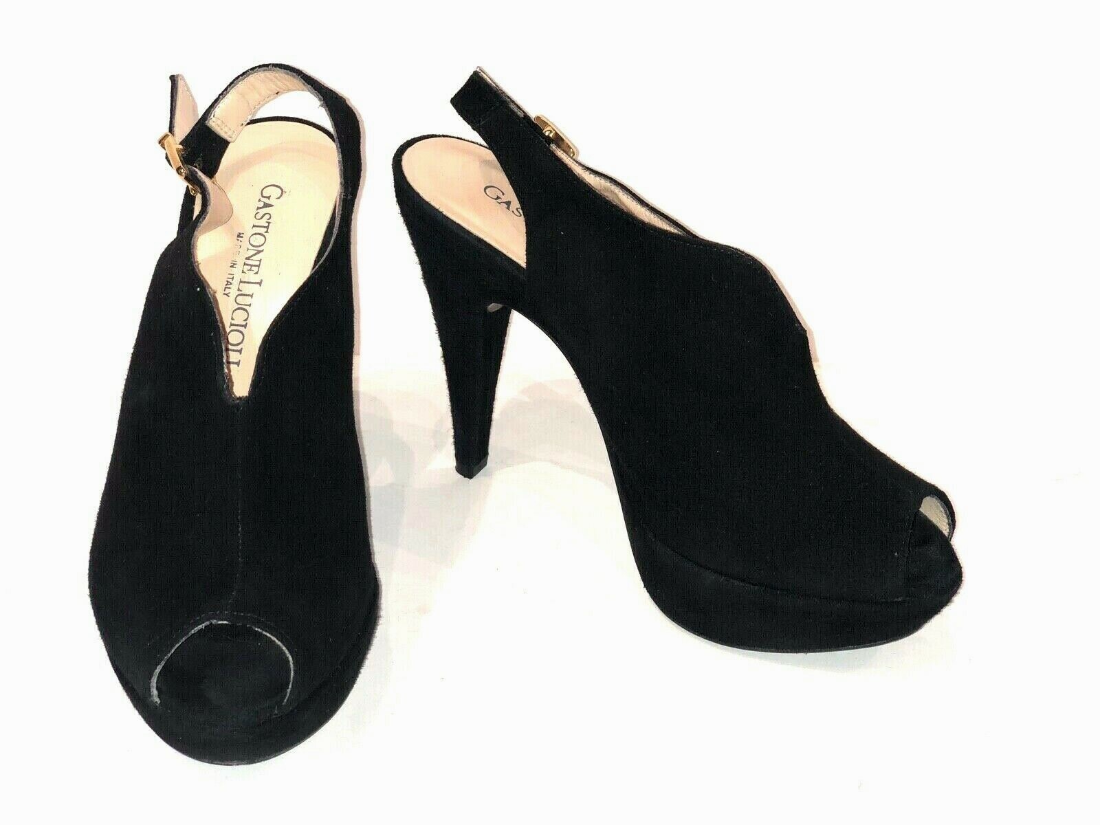 Gastone Lucioli Black Suede Peep Toe Platform Pumps Italy Size 35