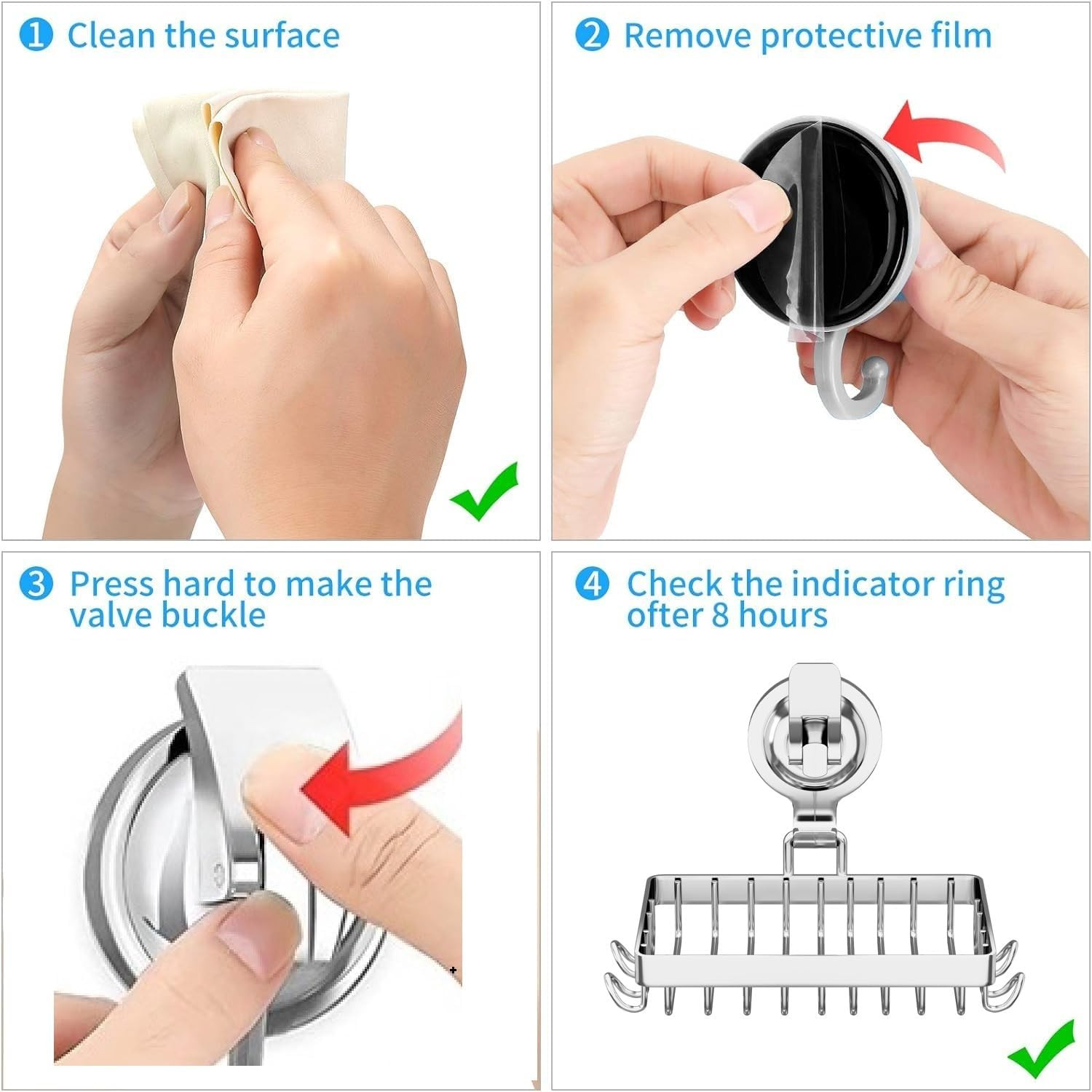 Soap Holder Shower, Suction Cup Dish for Shower with 4 Hooks, 304 Silver 