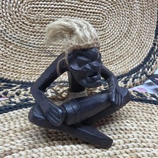 Carved Tribal Tiki Drummer Island Native w/ Burlap Skirt & Braided Hair, Wooden