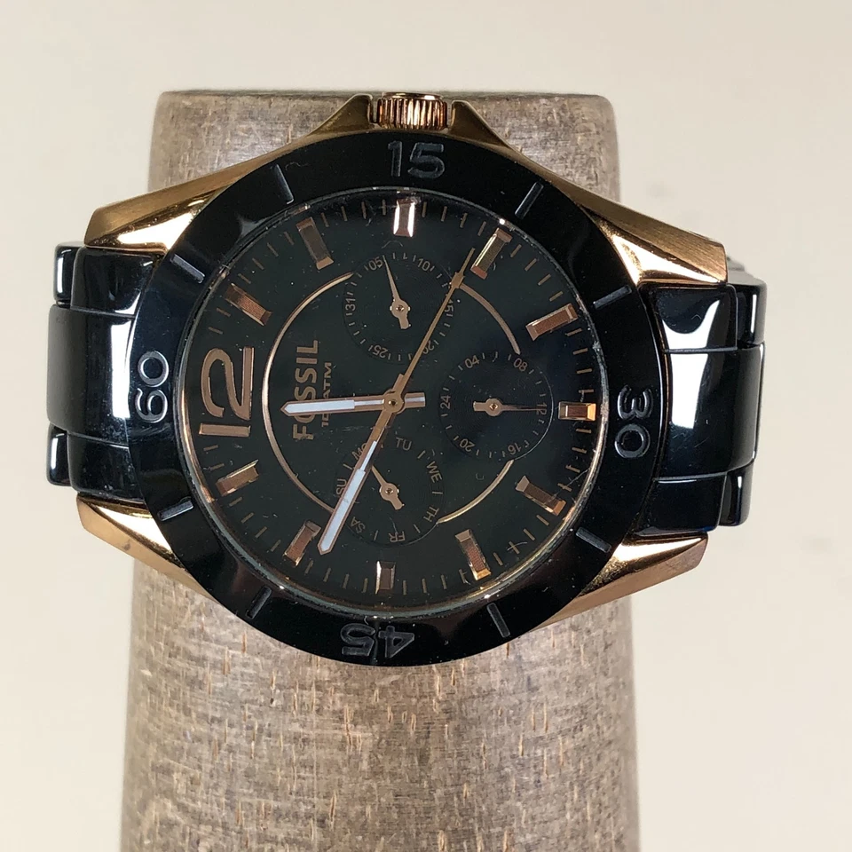Fossil Riley Women CE-1007 Day Date Black Gold Ceramic Quartz 37mm Watch 6 1/4" - Image 2 of 4