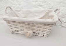 Pretty Off-White & Brown Wicker Storage Lined Basket With Soft Heart Decoration