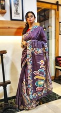 Sari indiano elegante stampa batik sari in morbida seta dola con bellissimo pallu