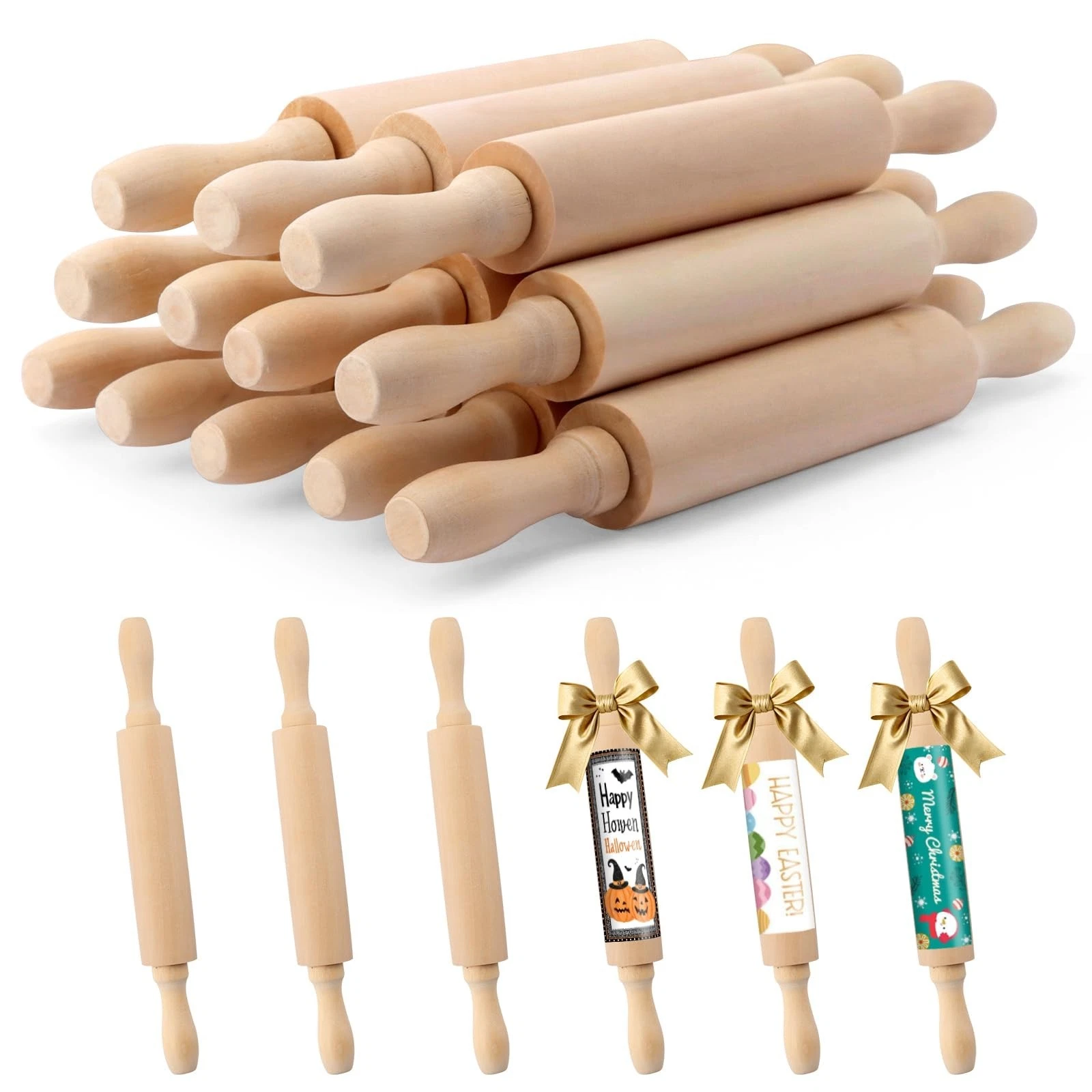 12 Pack 8 Inch Mini Wood Rolling Pin,Great for Children Kids Girls and Boys,S...
