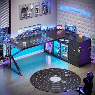 L Shaped Computer Desk 4 Drawers and Display Cabinet, Gaming Desk with LED Light