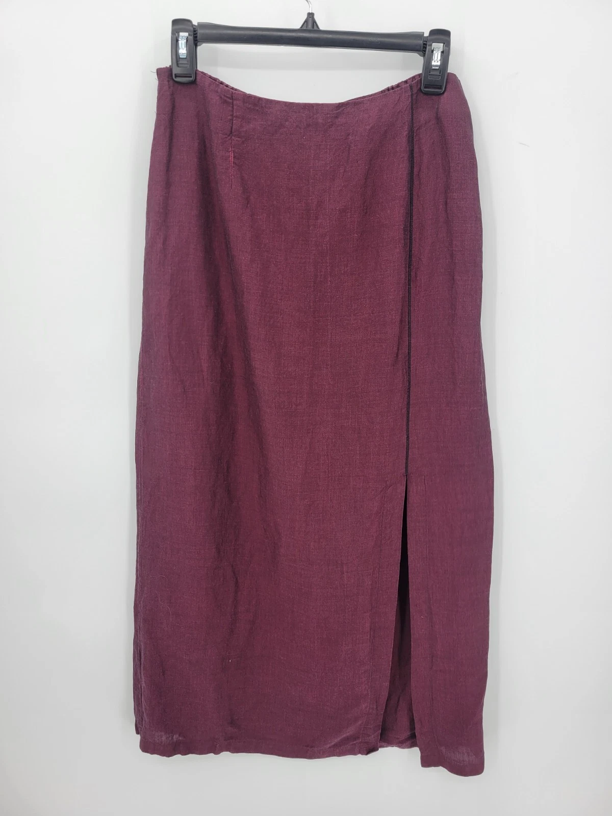 Chicos Vintage Skirt Womens Medium 1 Maroon Linen Blend Midi Pull On Slit