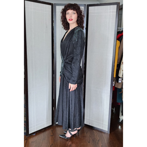 Vintage 80s Evening Dress Black Beaded Silk Fringed D'Ore Art Deco Style - Picture 4 of 12