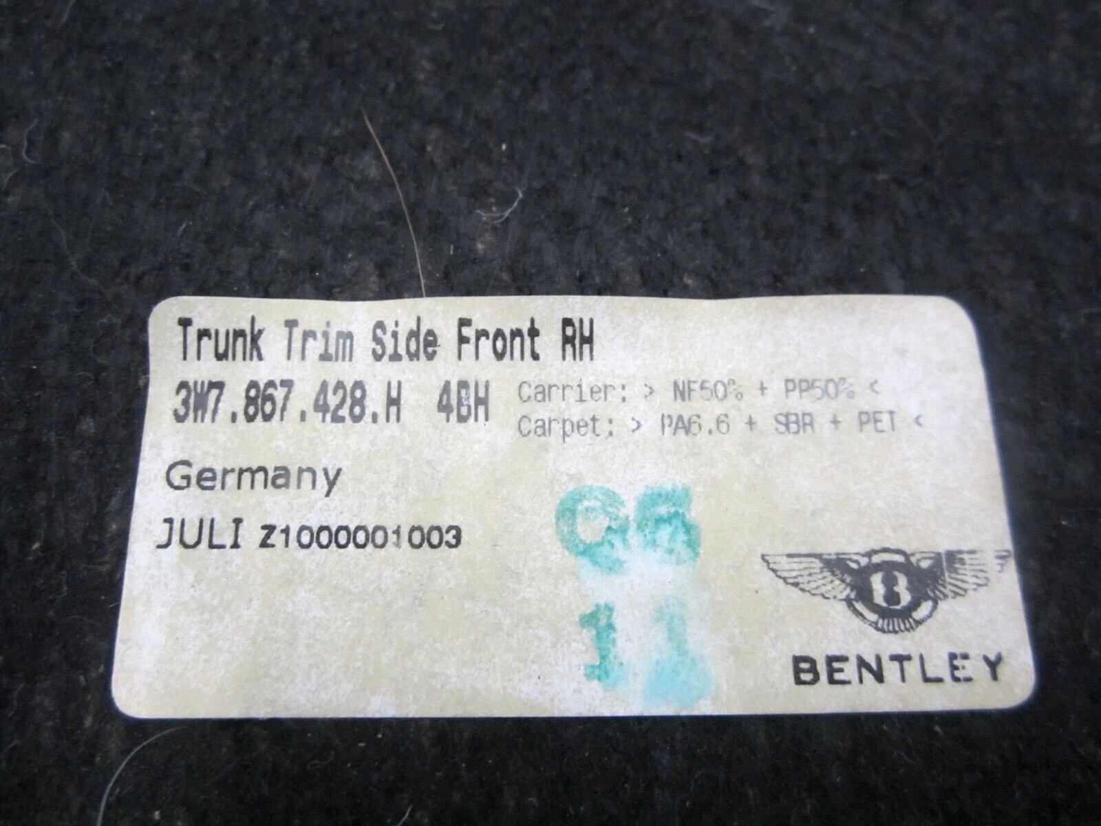 2007-2011 BENTLEY CONTINETAL GTC OEM RIGHT REAR TRUNK FRONT TRIM 3W787428H #1E-2