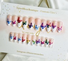 Hand Painted BIAB French Butterfly No Size Required Press On Nail Set