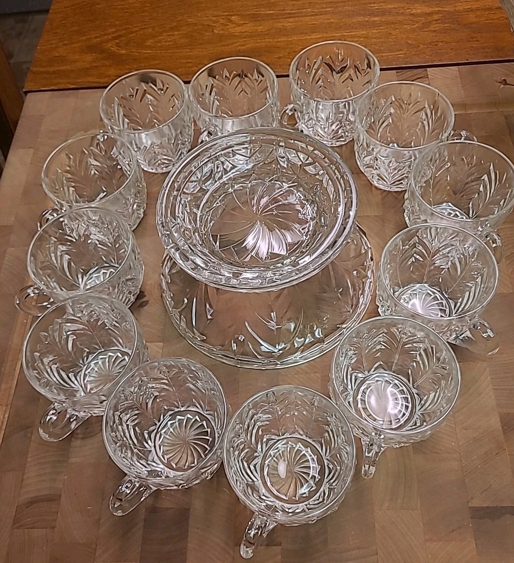 Vintage Cut Glass Large Punch Bowl Set with Pedestal 12 Glasses and Ladle