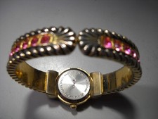 1027L Accutime lady's cuff Watch around pink rhine stone mother of pearl dial