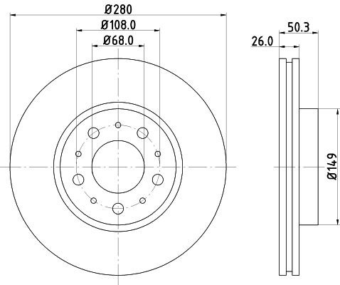 Hella Brake Disc Set Front 54018PRO 280mm x 26mm 05/10 x 108mm For VOLVO C70 OEM - Picture 4 of 12