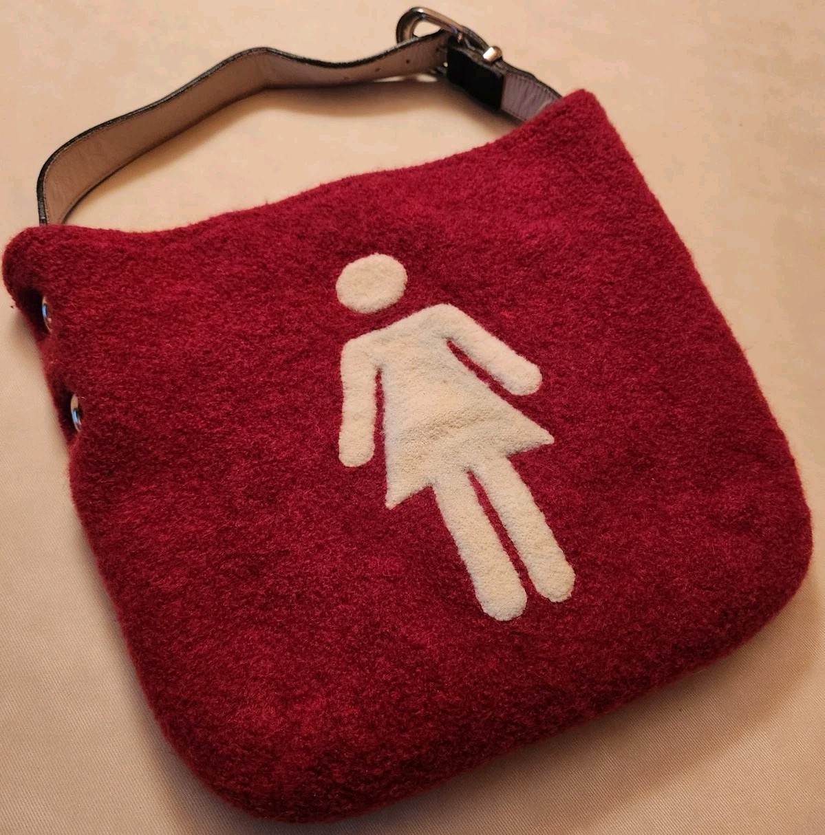 WOOL YOU BE MINE Boiled Wool Red Shoulder Bag Women Symbol In Center Black Strap