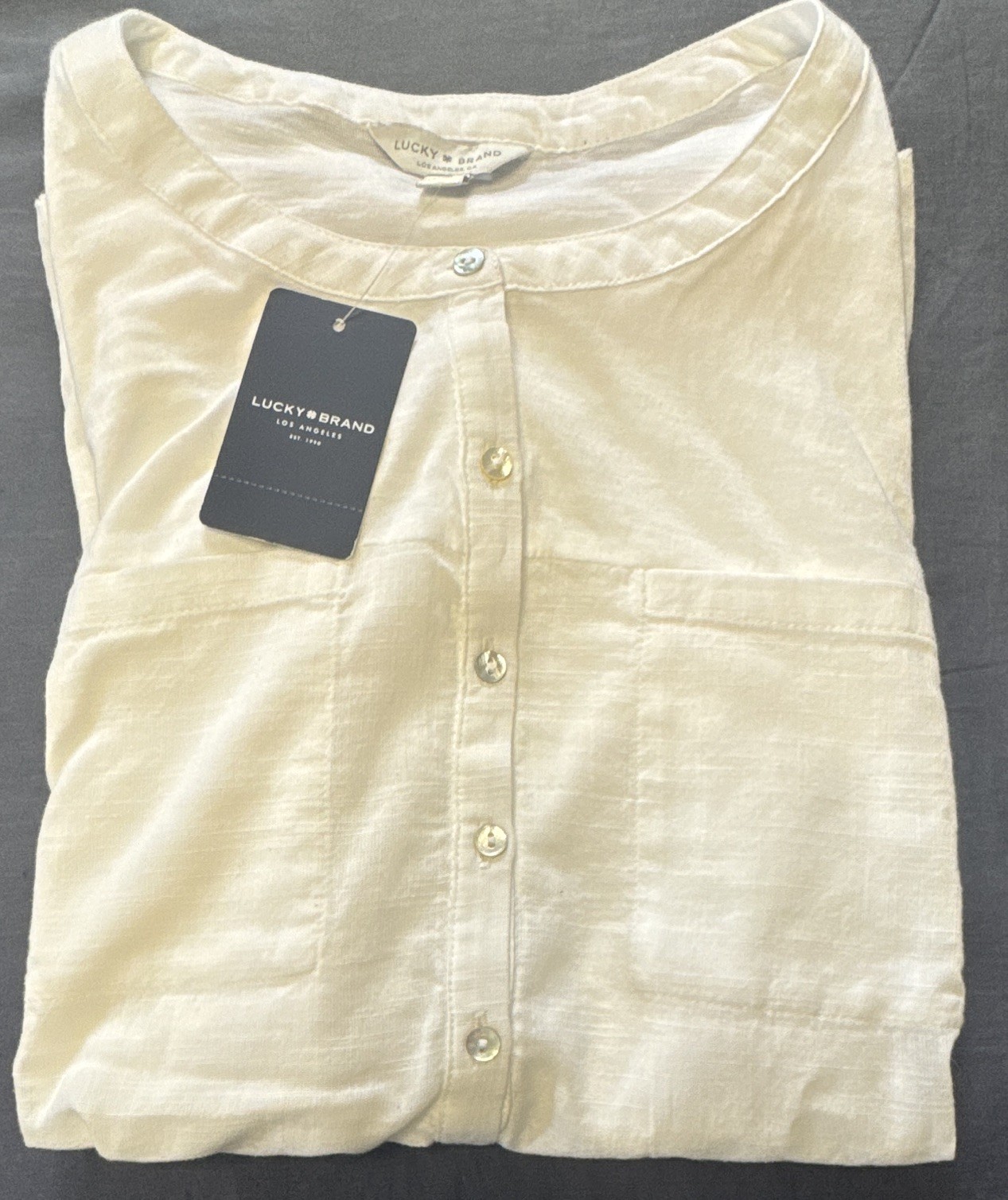 NWT Lucky Brand Women’s White Woven Cotton Button Henley Blouse Short Sleeve L