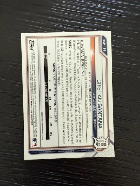 2021 Bowman Chrome Sapphire #BCP186 Tigers Cristian Santana ROOKIE - Image 2 of 2