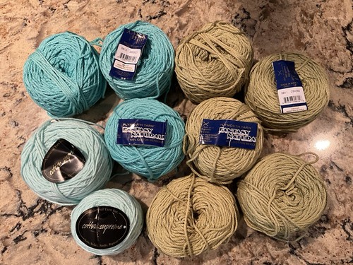10 Mixed Lot Skeins-Cakes Plymouth Fantasy Natural 100% Cotton Teal & Celery - Picture 3 of 12