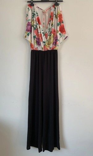 Wide Leg Jumpsuit Ladies 14 Black & Floral Print Roses Open Back All In One - Picture 5 of 8