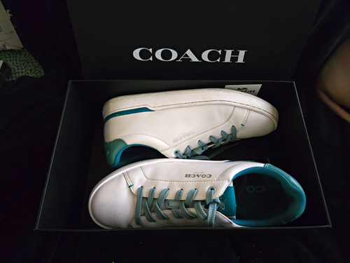 Coach CG657 Women’s Low Top Leather Sneakers White/Blue Green Comfort 7B