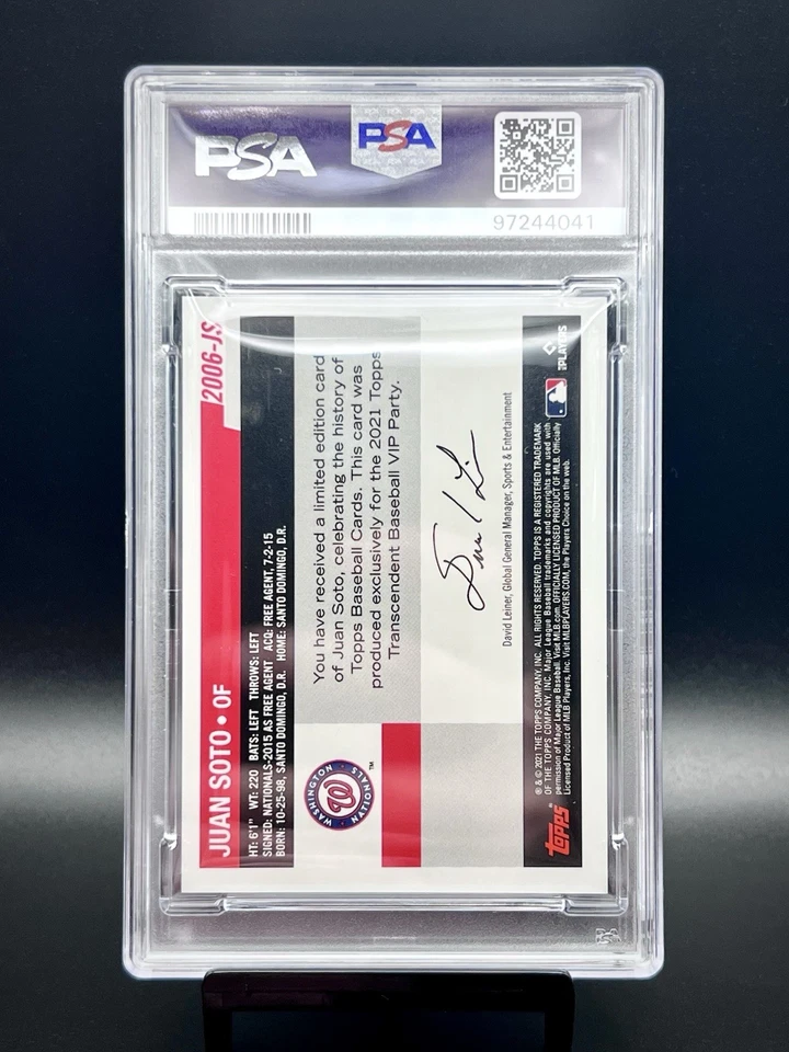 2021 Topps Transcendent Collection VIP Party #2006-JS Juan Soto Nationals PSA 9 - Image 2 of 2
