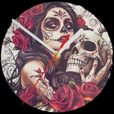 New goth lady & skull  Metal Wall Clock with red roses & red/white  clock hands 