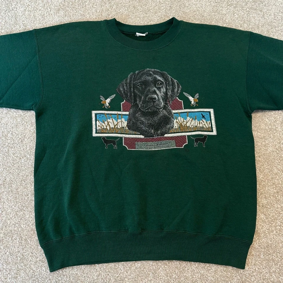 Moletom vintage preto Labrador Retriever gráfico de cachorro gola redonda verde floresta G - Imagem 2 de 4