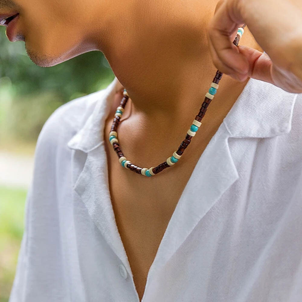 Ketting in surferstijl - kralenketting heren - ketting surf - turkoois en kokosnootketting - tribal - boho - surfchoker - Hawaï - Coco - België