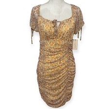 Boutique Yellow Floral Print Ruched Bodycon Mini Dress NWT