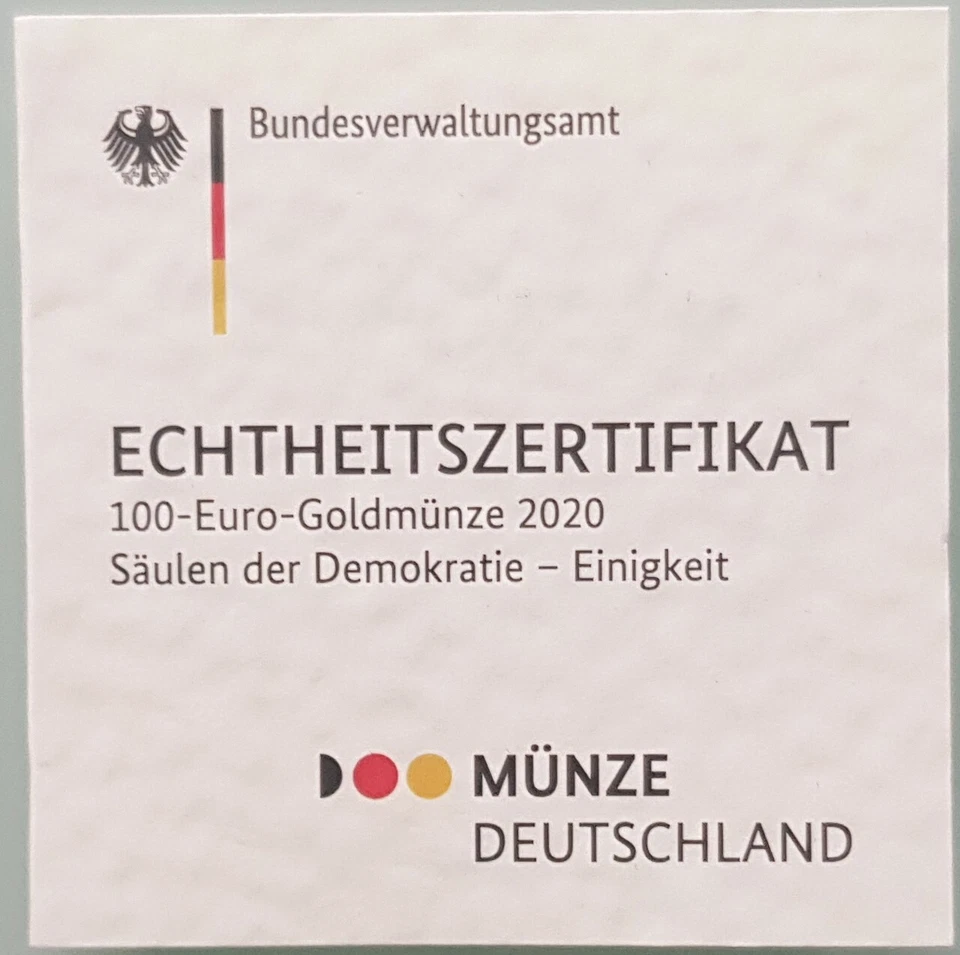 MDS DEUTSCHLAND ECHTHEITSZERTIFIKAT FÜR 100 EURO GOLDMÜNZE 2020 "EINIGKEIT"