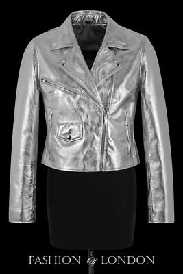 Damen Brando Metallic Folie Silber Slim Fit Biker Lederjacke Emma Watson
