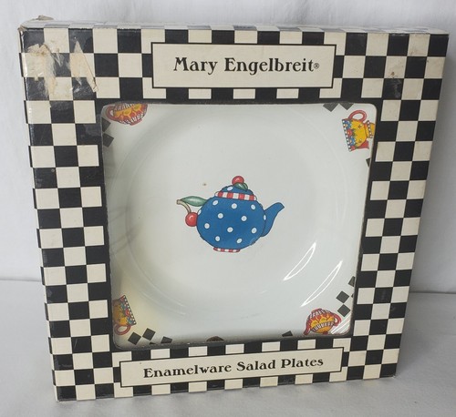 Vtg Mary Engelbreit Enamel Teapot Plate Set 4 Salad Dessert Plates Box New - Picture 2 of 12