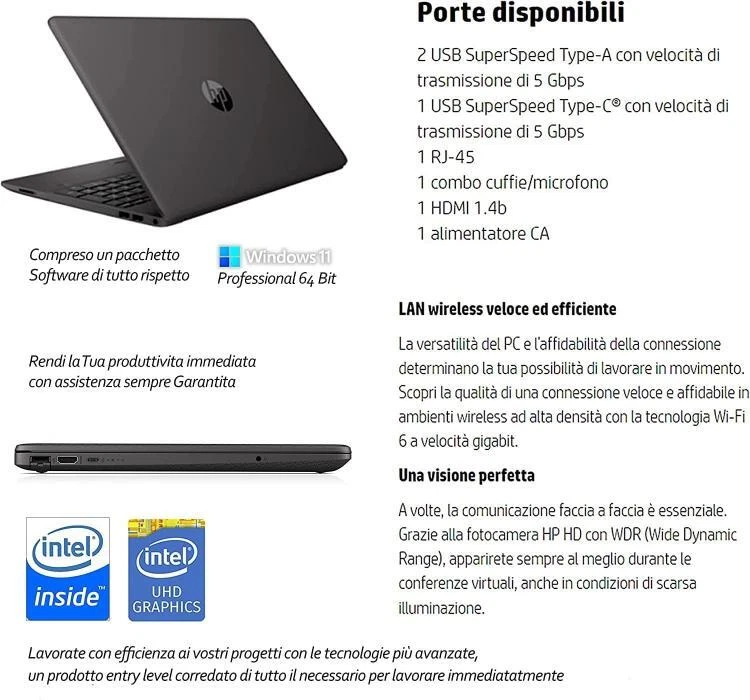 HP 250 G9 Intel N4500 Notebook Portatile, RAM 8 Gb DDR4, Ssd M2 128GB windows11 - Immagine 3 di 4