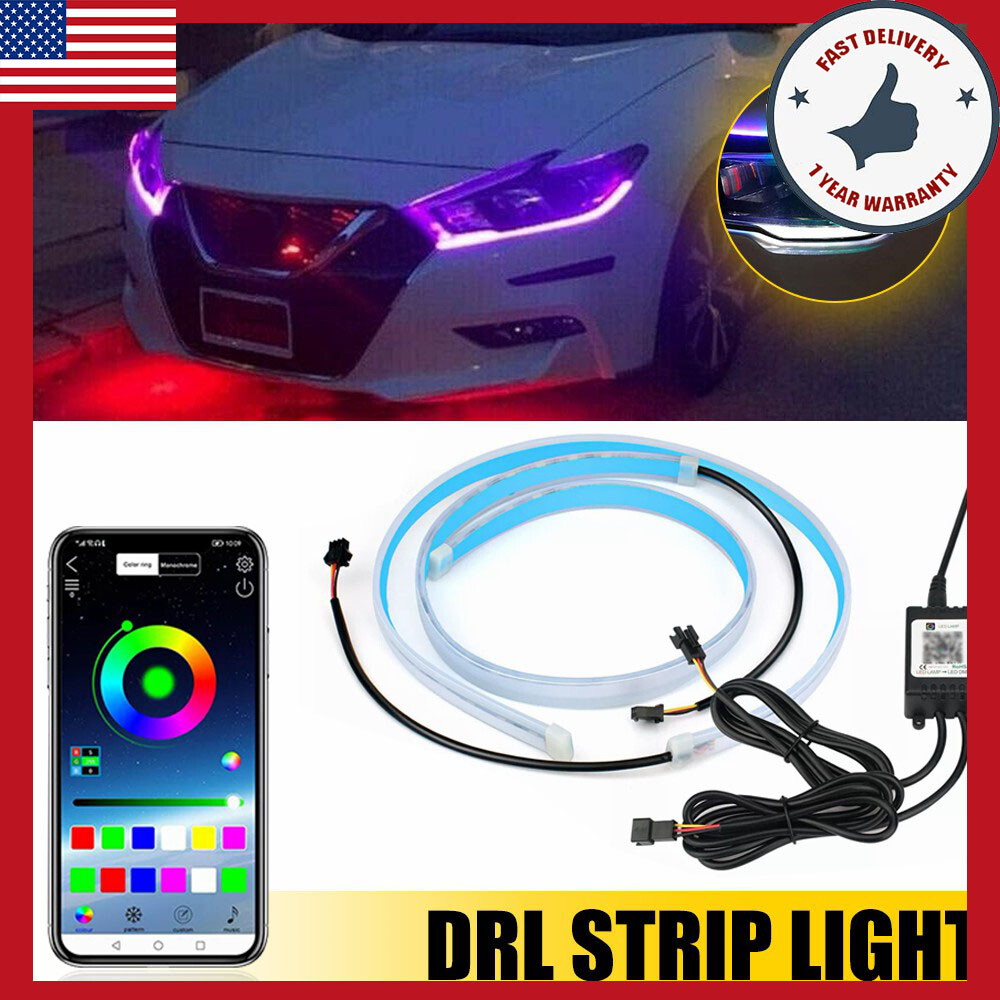2PCS 60CM DRL Flexible LED Strip Light Car Headlight Strip Light APP Control RGB