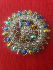 Vintage Intricate Guilloche Metal Hairclip w Multicolor Gemstones in Yellow Gold