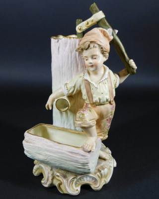 Antique Made in Germany Hand Painted Figural Ceramic Vase w Peasant Boy at Well