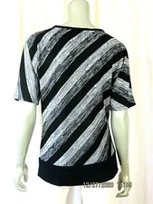 AB STUDIO SZ L Cotton Blend Black Gray Angled Stripes Sweater Scoop Nec Pullover
