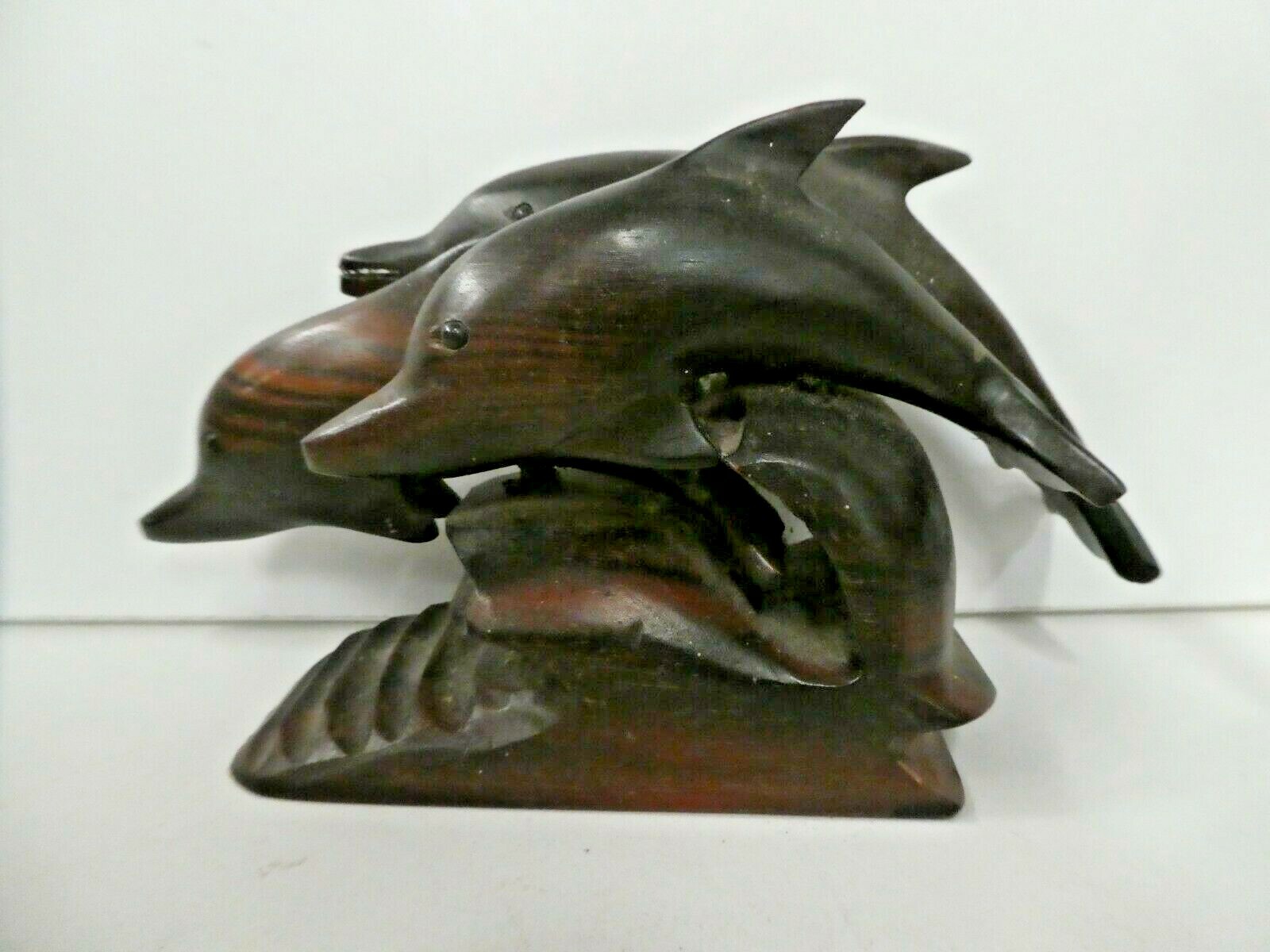 VINTAGE CARVED ROSEWOOD TIMBER STATUE DOLPHINS RETRO  WOODEN FIGURINE