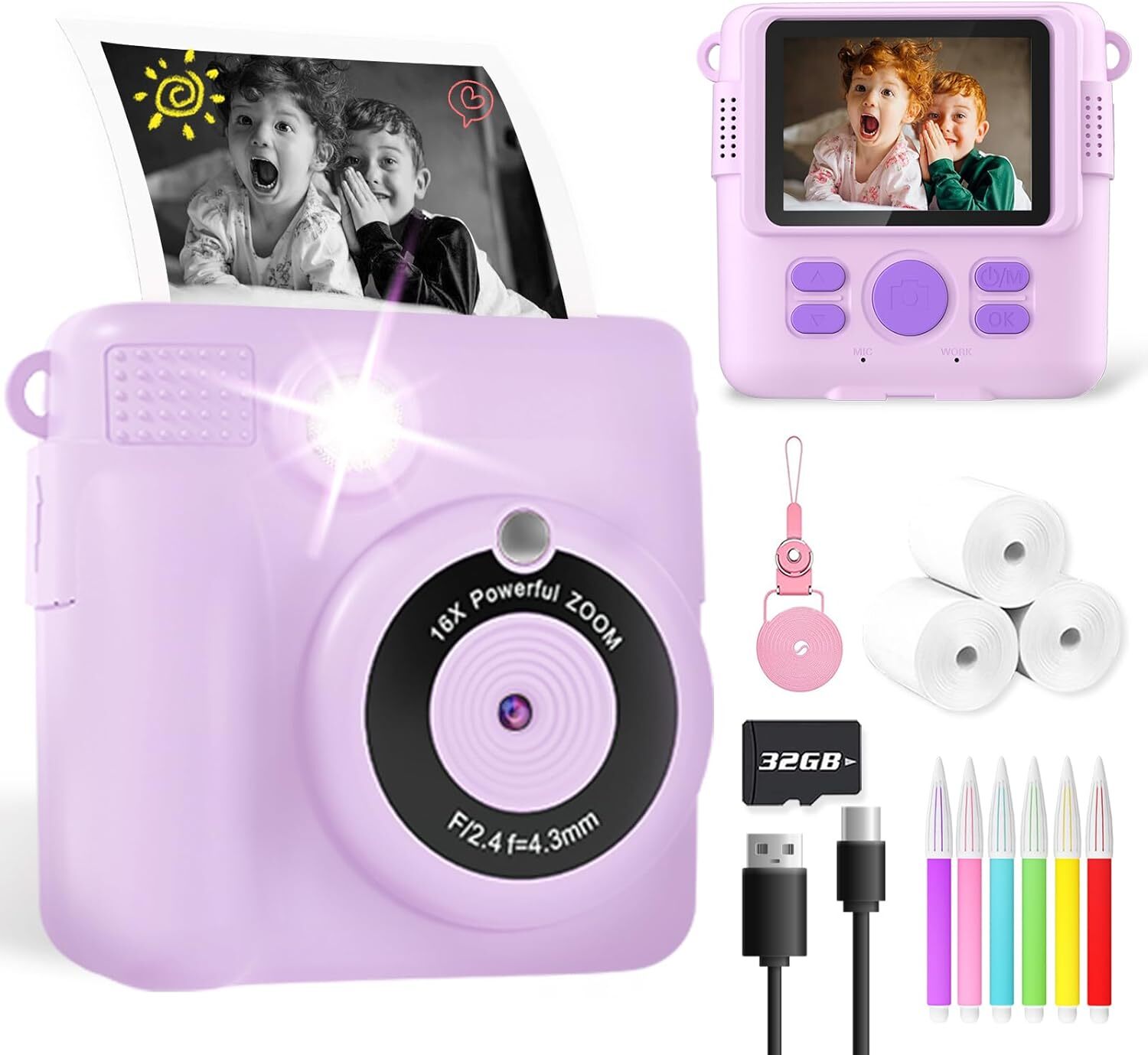 Instant Camera Kids Girls Boys Compact HD Digital Toy 1080P Print Photo Birthday-image