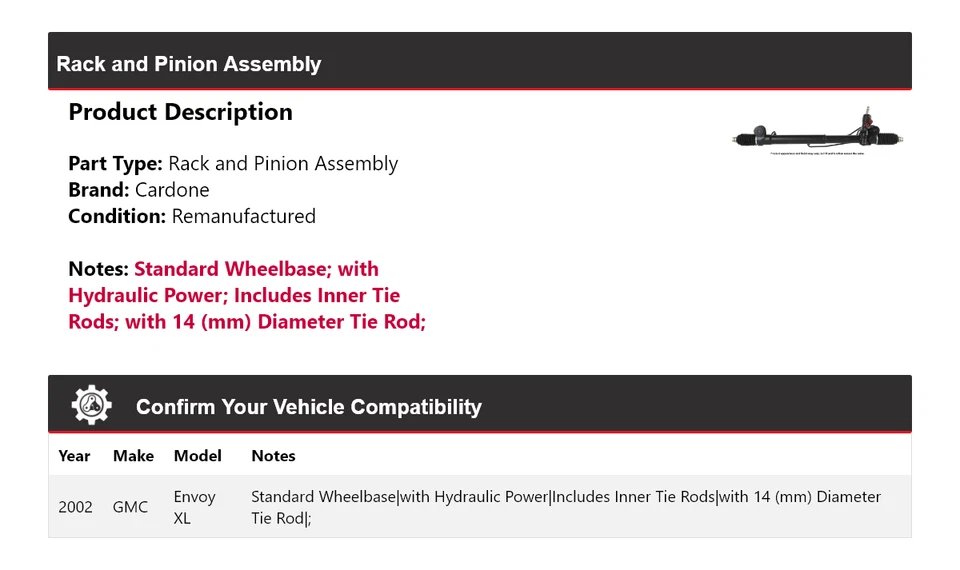 适用于 2002 年 GMC Envoy XL 机架和小齿轮总成 Cardone — 第 2/4 张图片
