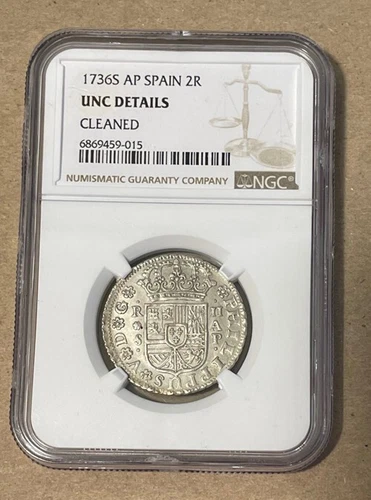 Spain - 1736S AP Silver 2 Reales (NGC Unc Details Cleaned)