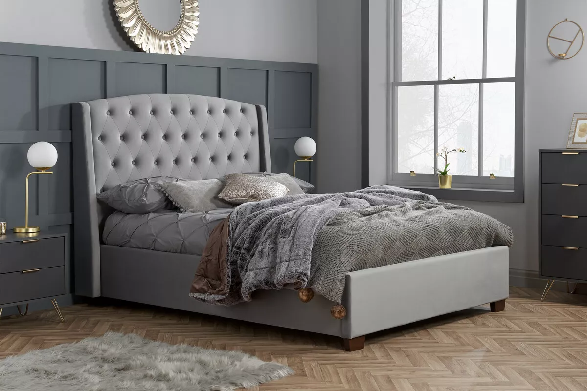 Balmoral Bed Frame 5FT King Size In Velvet Grey Stunning Winged