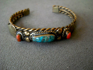 Southwestern Style Turquoise Red-Orange Corals Gold Wash Leaf Rope Cuff Bracelet