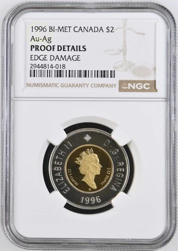 1996 CANADA $2 GOLD BI-METALLIC IN OGP! 5000 MINTED NGC PROOF DETAILS EDGE DAMAG