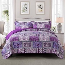 Etwel Queen Size Quilt Set, Purple Queen/Full 90"x98" Boho Floral Plaid Purple