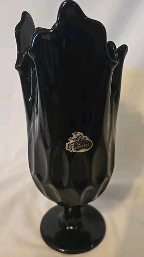 Vintage Fenton Black Amethyst Glass Thumbprint Ruffled Edge Handkerchief Vase