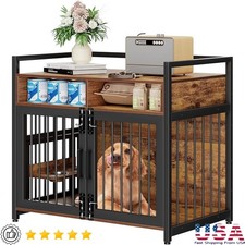 Elegant Dog Crate W/ Double Doors Extra Storage Adjustable Feeding Bowls Pets US