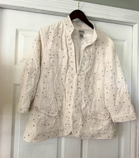 Chico's Women s White Embroidered Beaded Open Front Lined Mid-Length Jacket Sz 2
