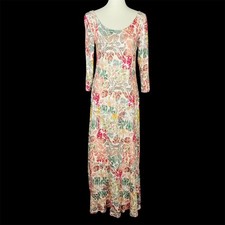Peruvian Connection Maxi Dress Sz M Tropical Floral Abstract Boho Stretch Tiered