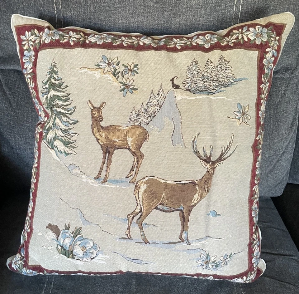 Hines of Oxford Tapestry Pillow, 2 Reindeer 18 X 18 W/Velvet Back - Image 2 of 4