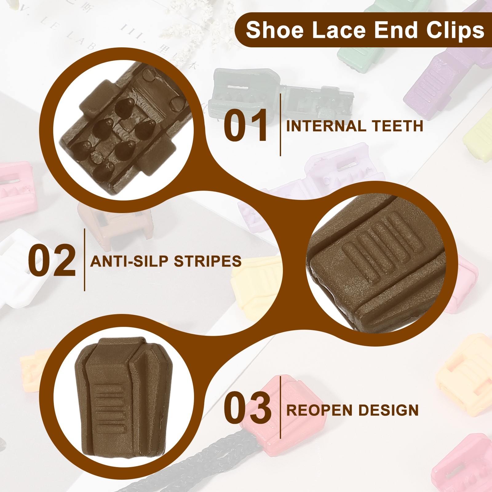 0.5" Zipper Pull Cord Lock, Plastic Shoe Lace End Clips, 12 Pack Dark Brown