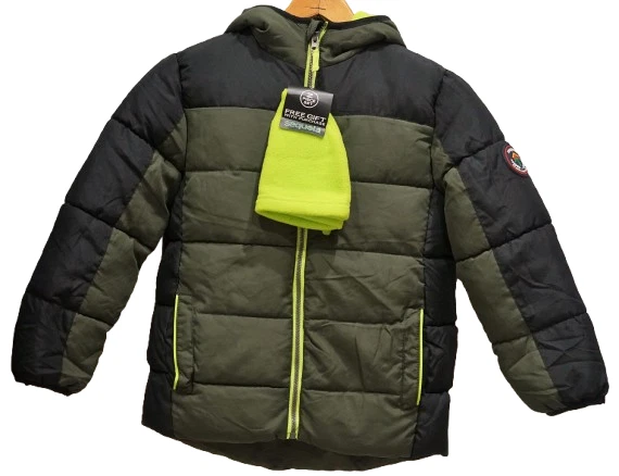 NWT $80 Sequoia Hooded Puffer Jacket Coat Boys Size 7 Black & Green W/Hat