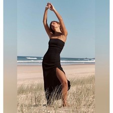 Free People Made Me Blush Midi Black Strapless Button Side Slit Dress Women's XL